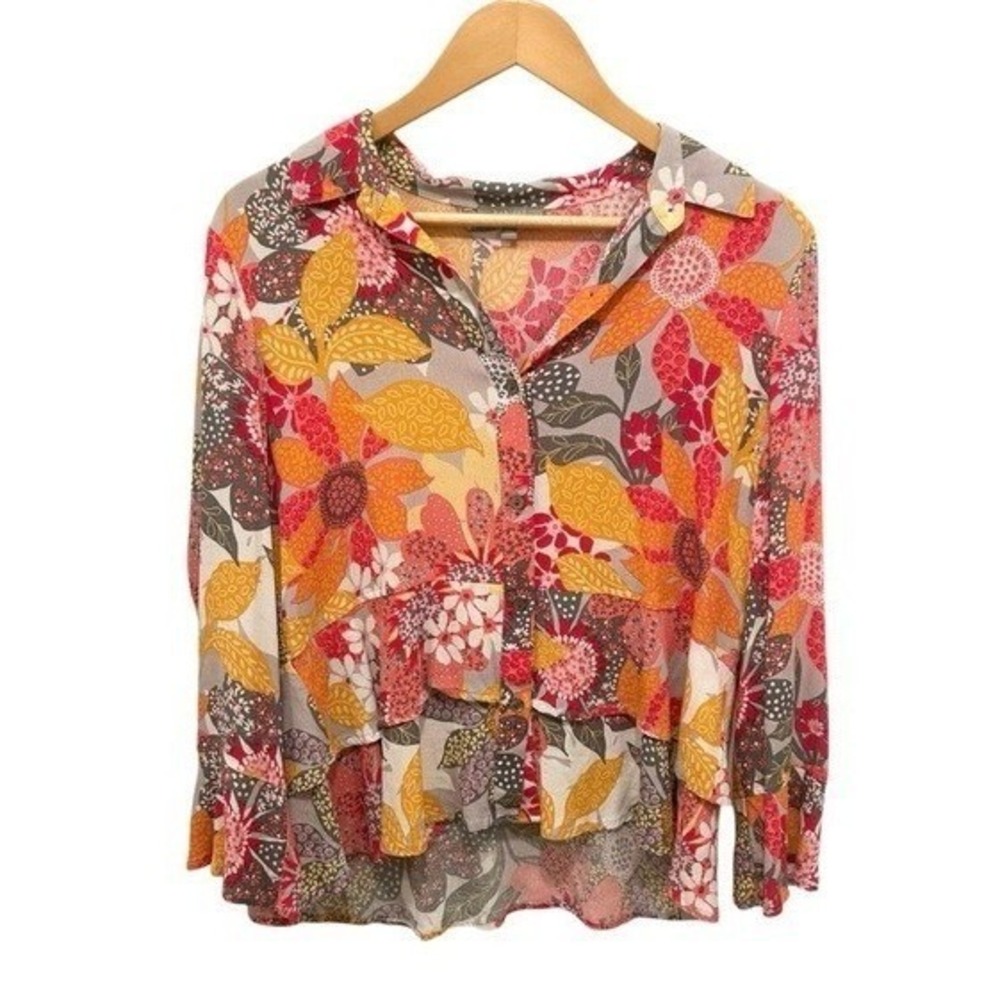 Habitat Garden Floral Peplum Blouse S Button Front Bell Sleeve Tiered Boho Top